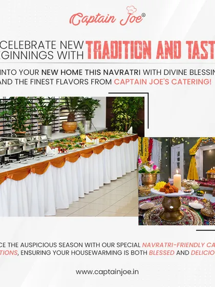 Celebrate new beginnings with tradition and taste. This image showcases my Navratri-friendly catering options for a housewarming, featuring a traditional puja setup alongside an elegant buffet line, ensuring your event is both blessed and delicious.