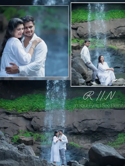 A beautifully composed collage from the waterfall photoshoot. It combines a wide shot of the couple, an intimate close-up, and a seated portrait, creating a summary of their romantic and scenic maternity session.
