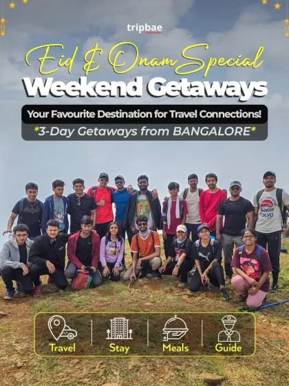 A poster for our 3-day Eid and Onam getaways, showing a trekking group and the variety of destinations available.