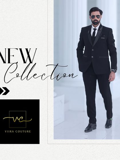 A "New Collection" graphic featuring the timeless black suit for grooms.