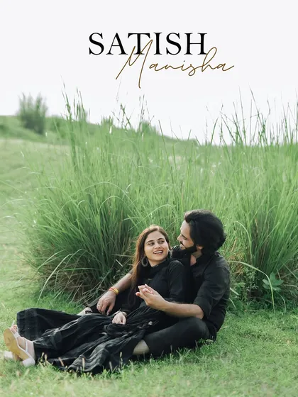 A personalized and relaxed portrait of the couple sitting in the grass, perfect for a casual and natural pre-wedding album.