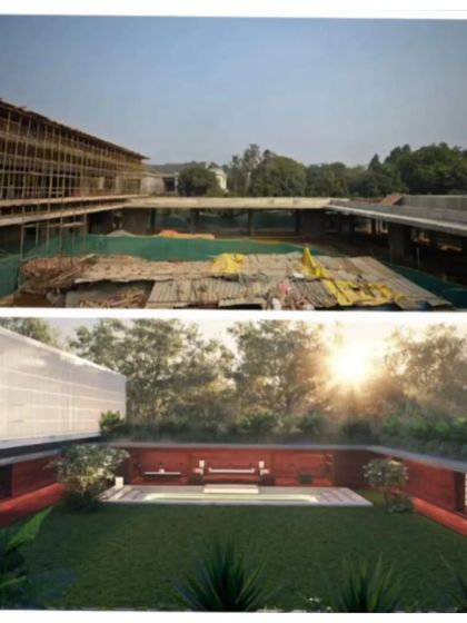 A before-and-after view of the courtyard at 'Khwabgah' in Delhi. The design celebrates the outdoors with green rooftops and natural, noble materials.