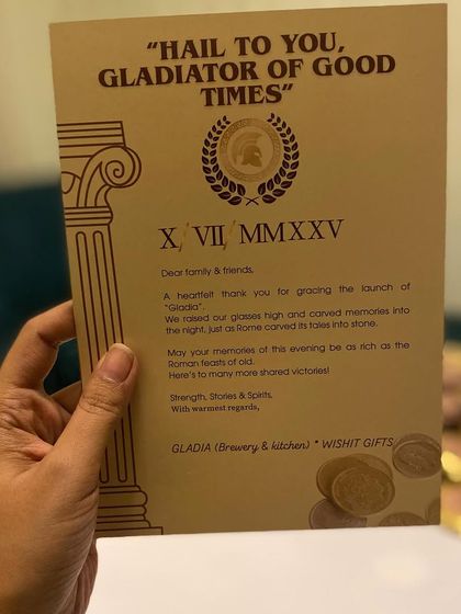 The custom "Hail to you, Gladiator of good times" card we created for the Gladia brewery launch. The Roman theme was carried through every detail of the gift.
