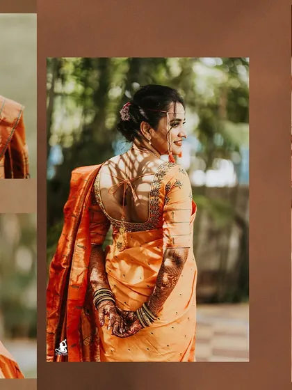 A collage of the bride's portraits, showcasing her beautiful orange saree and elegant poses.