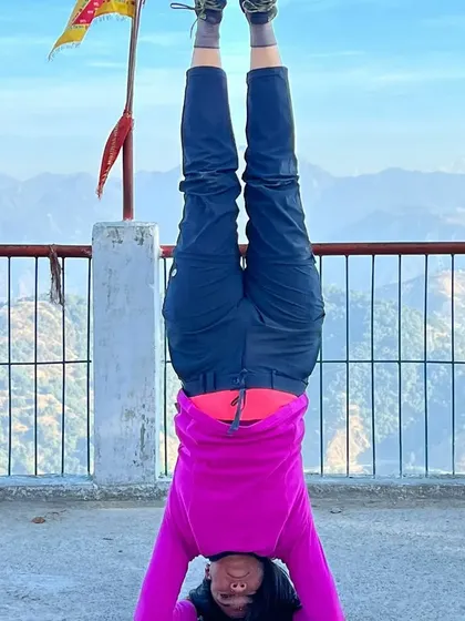 Sirsasana, the king of asanas, practiced with the Himalayas as my witness. Inversions change your perspective, both physically and mentally.