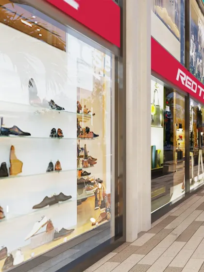 A close-up of a retail storefront, showing the seamless glass facade that allows for clear views into the store.
