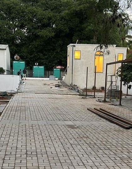 The main plaza at the Good Shepherd Cathedral site with pavers laid, awaiting jointing and planting.