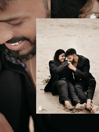 A collage that blends a wide shot with a close-up, telling a story of intimacy and connection on the beach.