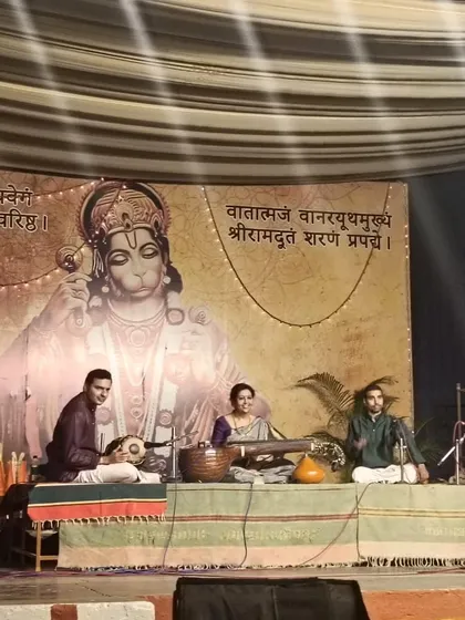 Here is another view of my concert at Raggiguda temple for Hanuman Jayanthi. The backdrop of Lord Hanuman made this performance feel incredibly special and blessed.