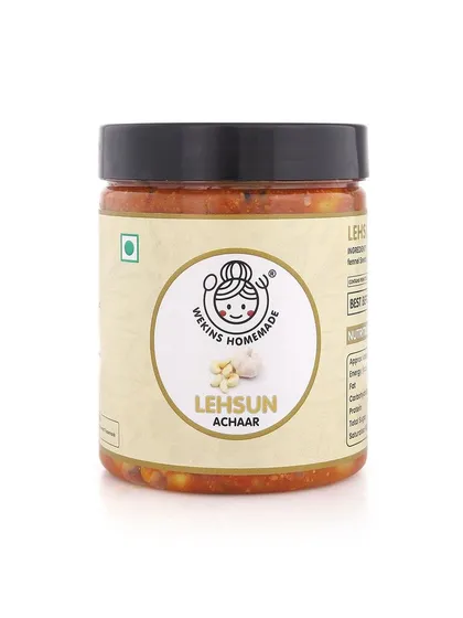 A clean product shot of our Lehsun Achaar jar. Perfect for adding a punch of flavor to your pantry.