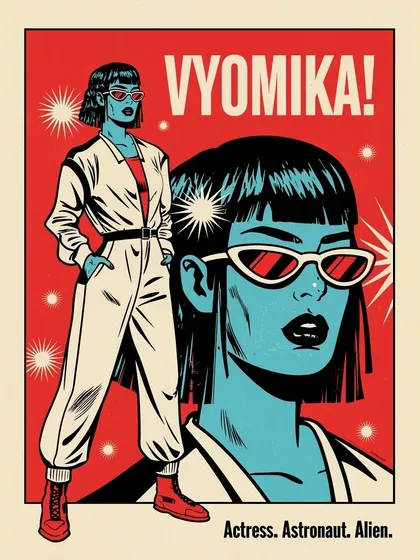 A comic-style poster for 'Vyomika!', the first interstellar Bollywood superstar. This character is a blend of actress, astronaut, and alien.
