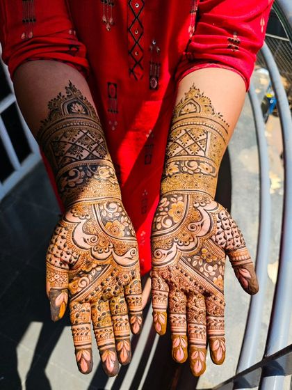 A beautiful bridal design with a mix of traditional and modern elements.