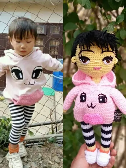 This is why I love what I do. I take a favorite photo and turn it into a handmade crochet doll, capturing details like the pink bunny hoodie and striped leggings to create a truly personal keepsake.