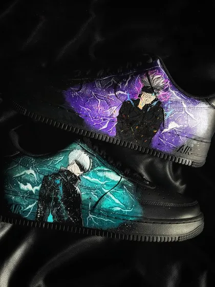 The full pair of Gojo custom sneakers, with one shoe in his blue "Lapse" and the other in his purple "Hollow" technique colors.