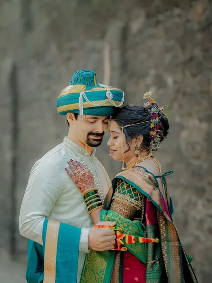 Capturing the quiet connection between a bride and groom in their traditional Maharashtrian wedding attire. These unposed, intimate portraits are the heart of my wedding storytelling.