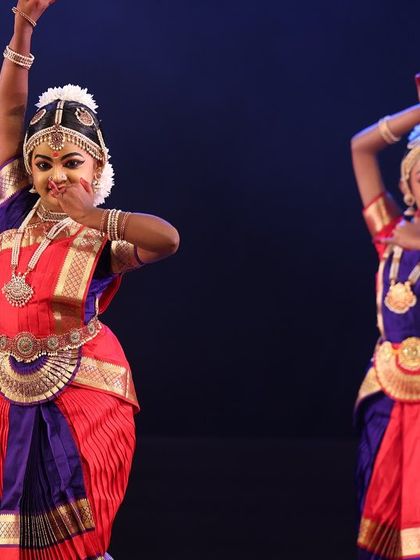 Two students performing with joyful expressions. We teach our students to connect with the audience and share the happiness of dance.