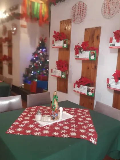 The view from a table, with our lit-up Christmas tree in the background.
