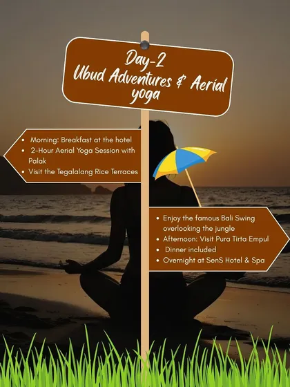 Day 2 of our Sacred Flow retreat features a 2-hour aerial yoga session, a visit to the Tegalalang Rice Terraces, and the famous Bali Swing.