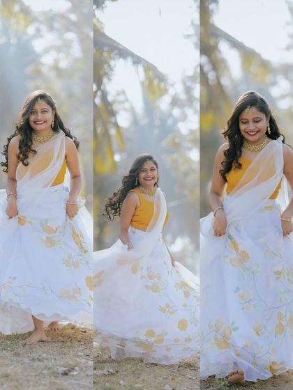A collage of a bride's portraits from her Haldi ceremony, showcasing her beautiful white and yellow outfit.