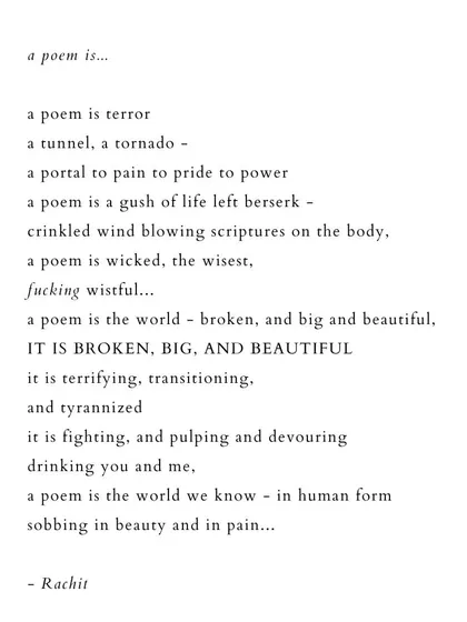 A poem titled 'a poem is...', which defines poetry through a series of powerful and contradictory metaphors. It describes a poem as terror and a portal, as wicked and wise, as something broken, big, and beautiful.