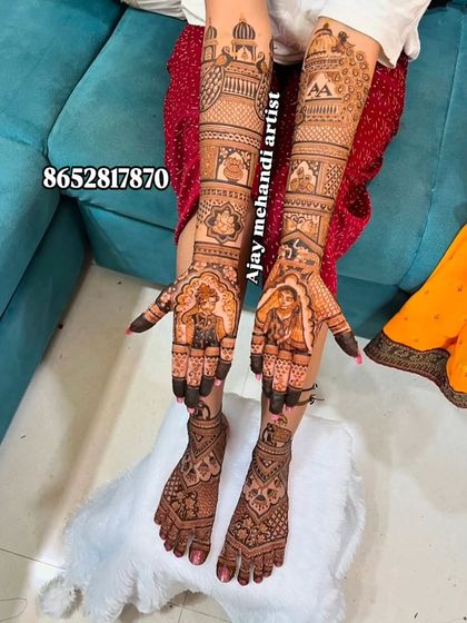 A complete bridal look with portrait mehndi on both hands and feet. The design is consistent and tells a cohesive story.