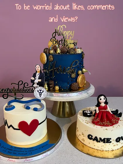 A collection of cakes for grown-ups. This photo shows a "Game Over" bachelorette cake, a cake for a doctor, and a rich chocolate birthday cake, proving that custom designs aren't just for kids.