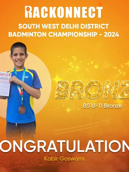 A big congratulations to Kabir Goswami for securing the Bronze medal in the Boys Singles U-11 category at the South West Delhi District Championship.