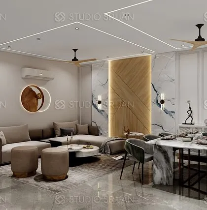In this DLF, Gurgaon home, I combined a wood-paneled accent wall with marble and clean white walls. The asymmetrical ceiling lights add a dynamic, modern touch.