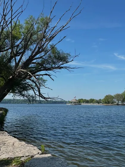 A wide, scenic shot of the lake and gazebo, capturing the peaceful summer atmosphere.