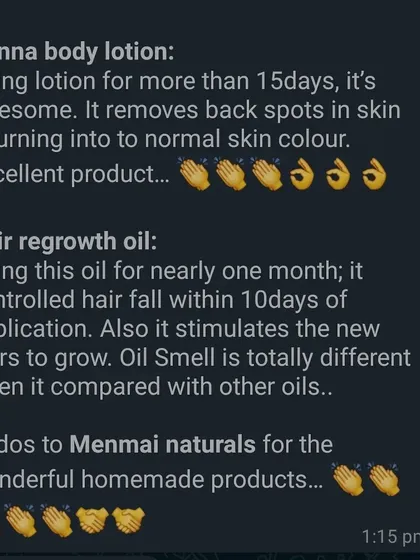 This is such a detailed and wonderful review. The customer notes that the hair regrowth oil controlled hair fall within 10 days and stimulated new growth, and also loved the results from the henna body lotion.