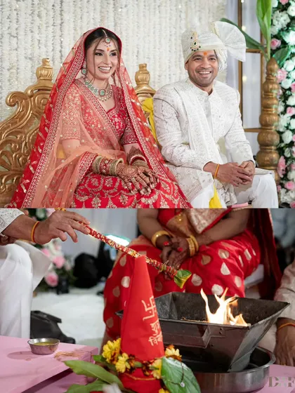 A collage capturing the sacred moments of a Hindu wedding ceremony, with the couple seated by the holy fire.
