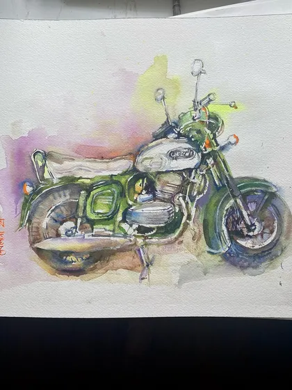 This commissioned piece was for a dear friend and fan of the classic Yezdi bike. Turning a photograph of his beloved motorcycle into a dynamic watercolor painting was a joy, preserving a piece of personal passion and nostalgia.