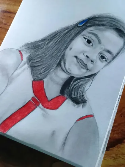 A sketch of a young girl where I used red to highlight the details on her dress, making the portrait more playful.
