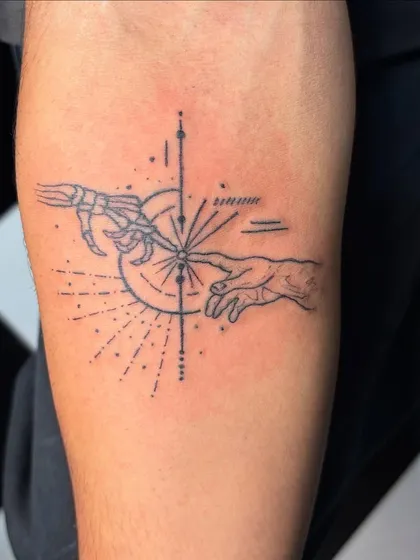 A modern, geometric take on Michelangelo's "Creation of Adam." This fine-line tattoo combines classic art with a contemporary style.