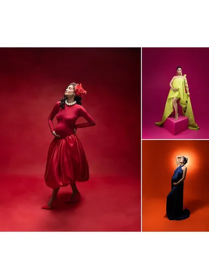 A collage showcasing the variety of bold and colorful looks we can create for your maternity shoot. From fiery red to vibrant magenta, we celebrate your journey in full color.