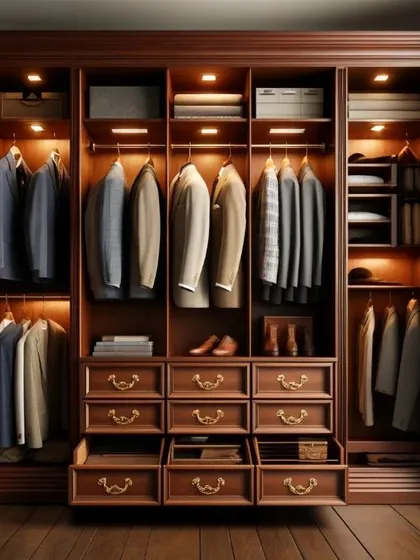 For a more traditional and masculine feel, this classic wood wardrobe concept offers timeless elegance. The warm lighting and detailed hardware add a touch of old-world charm.