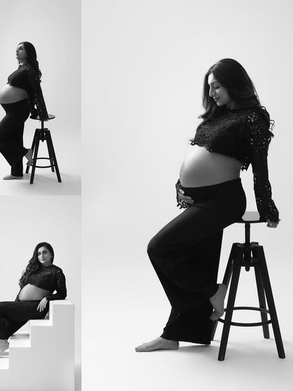 A collage of powerful poses. This series of black and white images shows the versatility of a minimalist studio setup, creating artistic and striking maternity portraits.