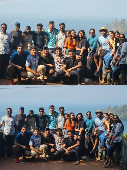 The group posing for a picture with the stunning backdrop of the Dudhsagar region. These are the views and memories we create on our weekend getaways.