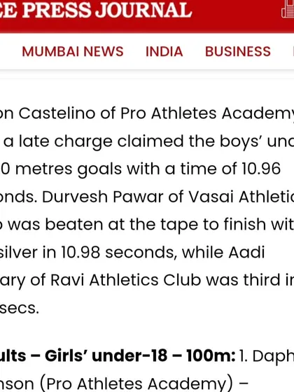 The Free Press Journal reporting on Jason Castelino's late charge to claim the boys' under-18 100 metres gold.