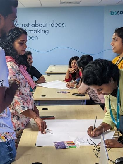 Team members collaborating during a group activity at IBS Software. These exercises are designed to make learning about image management interactive, memorable, and directly applicable to their work environment.