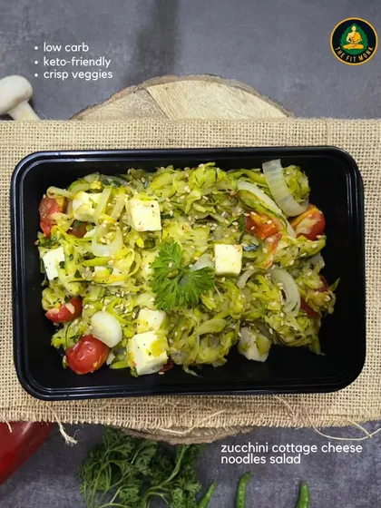 A closer look at the Zucchini Cottage Cheese Noodles Salad. It's low-carb, keto-friendly, and packed with crisp veggies and protein-rich cottage cheese.