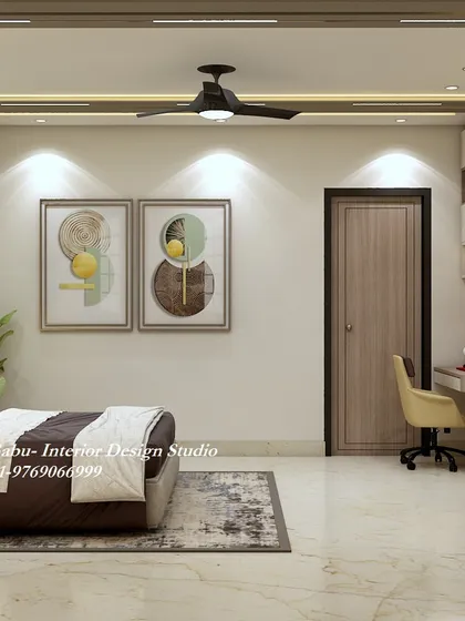 A bedroom designed for a couple in Mumbai, featuring a timeless and classy aesthetic. The wall art and study desk add functionality and personality to the space.