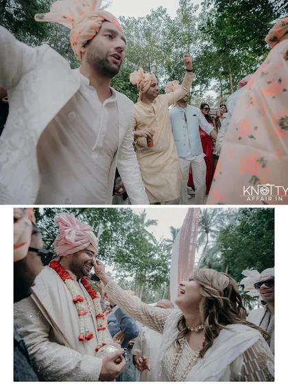 The energy and excitement of the baraat. These candid shots capture the groom dancing with his family and receiving blessings, showcasing the joyful traditions of an Indian wedding.