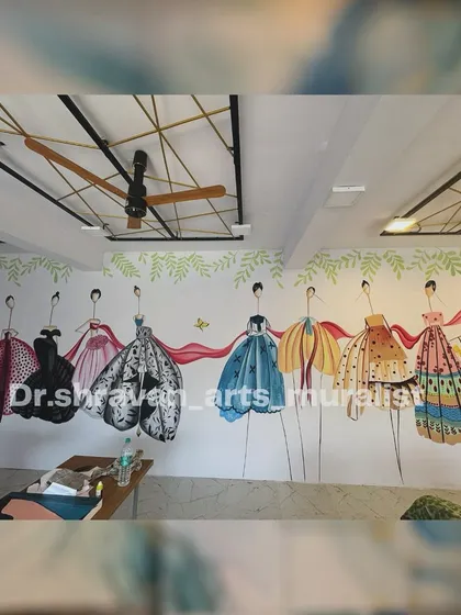 A whimsical mural for a fashion academy in Shimoga. The flowing dresses and elegant figures perfectly capture the brand's focus on design and creativity.