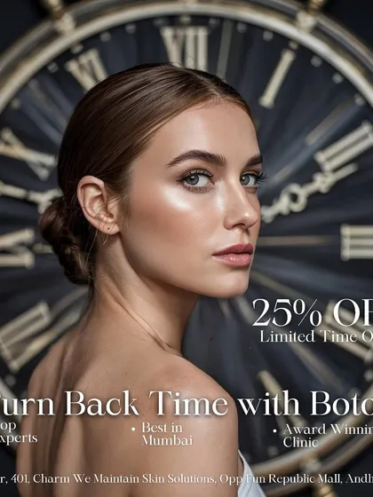 This promotional image highlights how Botox can help you "turn back time". It's an effective treatment for reducing fine lines and wrinkles, performed by top experts in my award-winning Mumbai clinic.