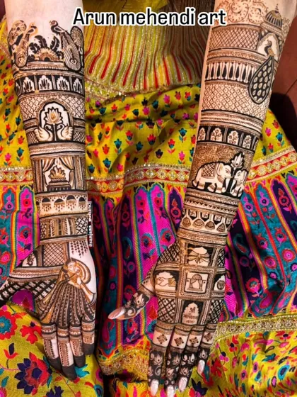 A vibrant and detailed design with multiple stories, including a bride in a doli, a wedding ceremony, and various traditional motifs.