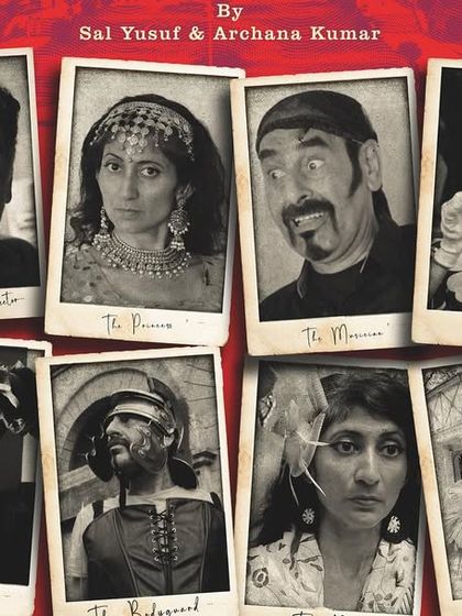 The character card-style poster for "No Strings Attached," showing the different personas we embody in the play. This vaudeville show is a journey through different time periods and human follies.