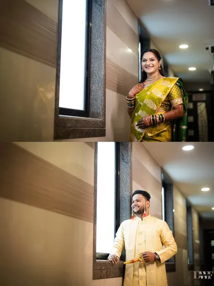 A collage of the bride and groom's individual portraits by a window, using natural light to create a soft and elegant look.