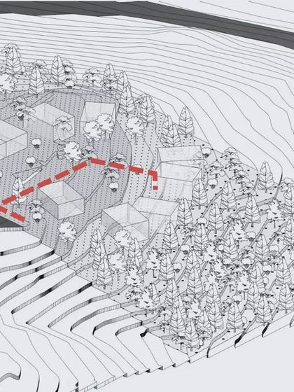An early-stage diagram identifying the central path that would choreograph the movement and experience of the entire retreat complex.
