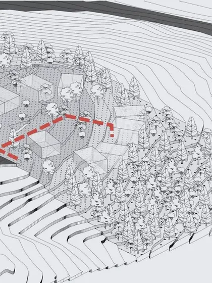 An early-stage diagram identifying the central path that would choreograph the movement and experience of the entire retreat complex.